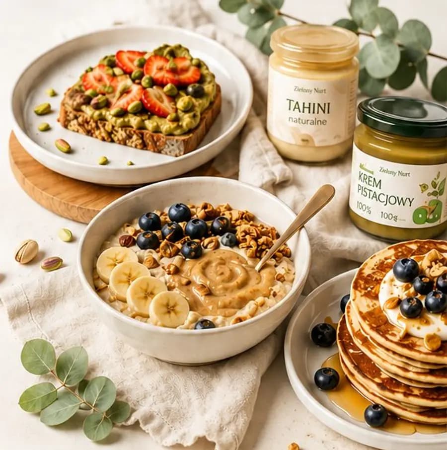 Tost z kremem pistacjowym i truskawkami, owsianka z bananem i masłem orzechowym, naleśniki z borówkami, obok słoiki tahini i kremu pistacjowego